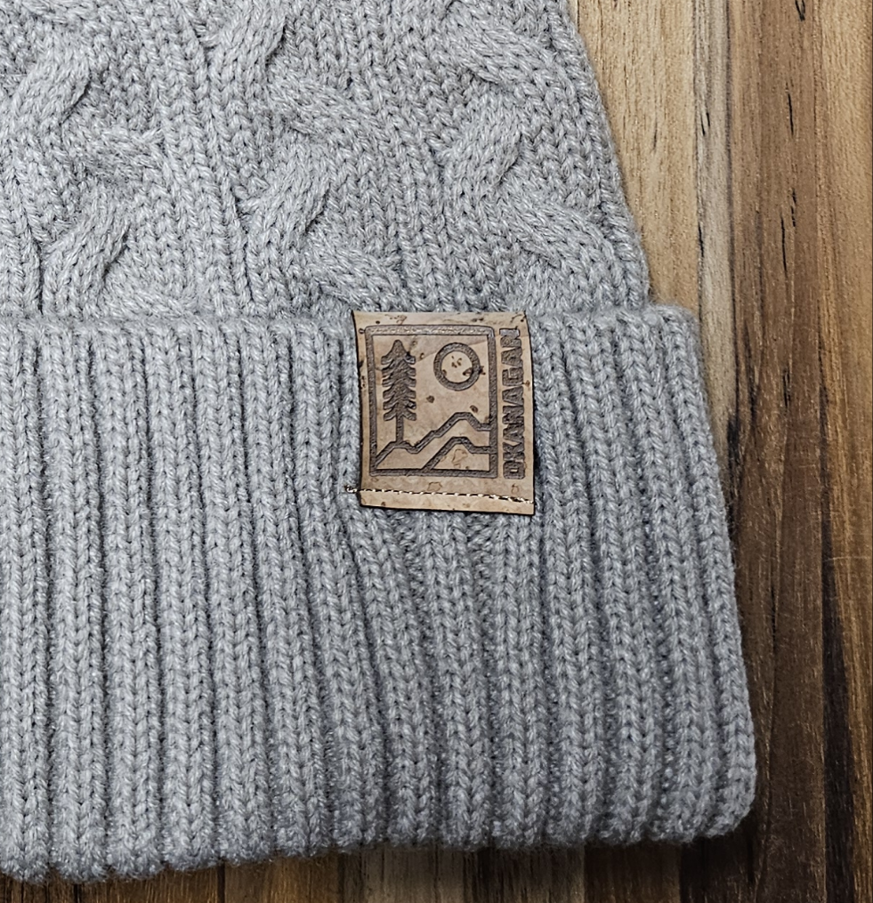 Okanagan Wild Cable Knit Toque with Faux Fur Pom and Cork Patch - Oatmeal