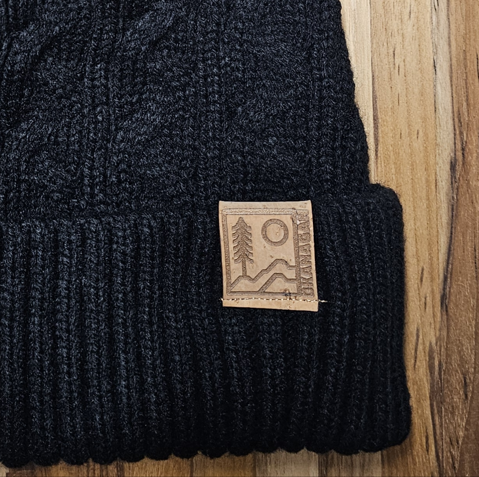 Okanagan Wild Cable Knit Toque with Faux Fur Pom and Cork Patch - Black