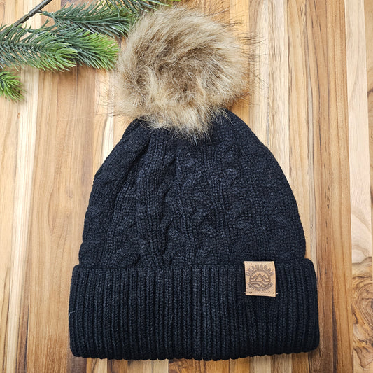 Okanagan Wave Cable Knit Toque with Faux Fur Pom and Cork Patch